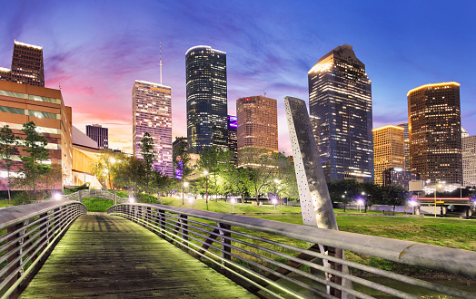 Downtown Houston skyline in Texas USA at sunset