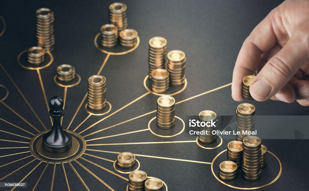 Multiply sources of revenue. Multiple streams of income Man puting golden coins on a board representing multiple streams of income. Concept of multiplying sources of revenue. Composite image between a 3d illustration and a photography. Investment Stock Photo