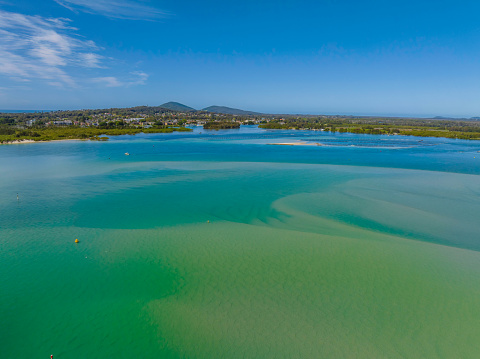 Daytime aerial waterscape over the Coolongolook River at Forster-Tuncurry on the Barrington Coast, NSW, Australia