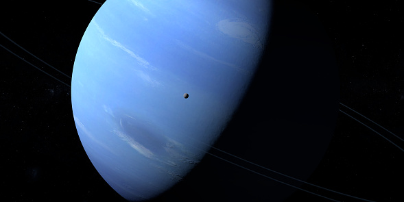 Gas giant Neptune with its rings and the Sun. Neptune - is the eighth planet from the Sun solar system planet. Galaxy, stars and planet Neptune. Planet Neptune in the starry sky of Solar System.High quality image. High resolution image. This image elements furnished by NASA. ______ Url(s): https://photojournal.jpl.nasa.gov/catalog/pia01492 https://photojournal.jpl.nasa.gov/catalog/PIA23170