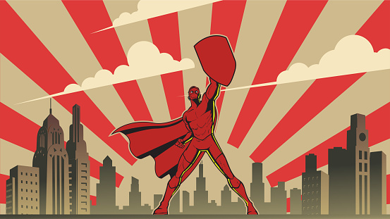 A retro propaganda poster style vector illustration of a superhero holding a shield in the air. Retro art deco style city skyline in the background. Easy to grab and edit. Put a logo or text on the shield.