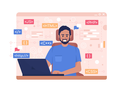 Software developer 2D vector isolated illustration. Computer programmer flat character on cartoon background. Learning coding. ?olourful editable scene for mobile, website, presentation