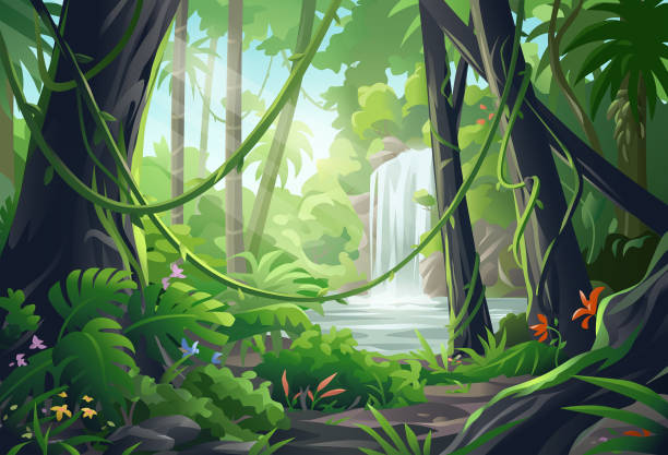 Beautiful Jungle Waterfall Vector illustration of a beautiful waterfall in a sun lit jungle/rainforest scene with big trees, bushes, lianas and colorful flowers. Glade stock illustrations