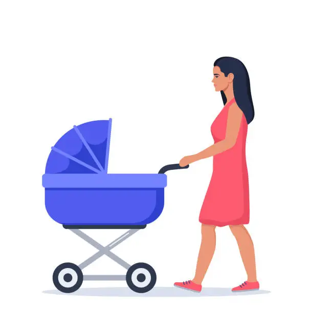 Vector illustration of Mom wheeling stroller. Woman walking with baby carriage. Outdoor activity. Vector flat illustration.