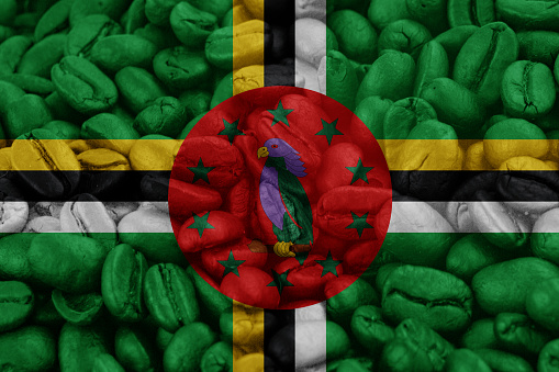 dominica Flag on background coffee beans