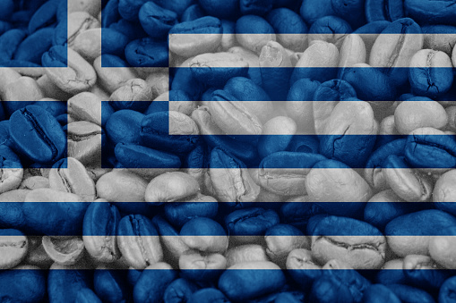 greece Flag on background coffee beans
