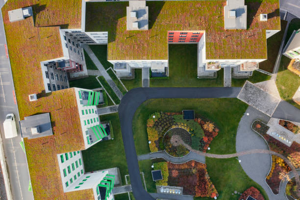 Modern apartment buildings in a residential area with sedum plant roofs.