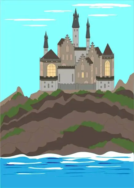 Vector illustration of Medieval castle, ancient citadel or impregnable fortress with stone towers on rocky peak.