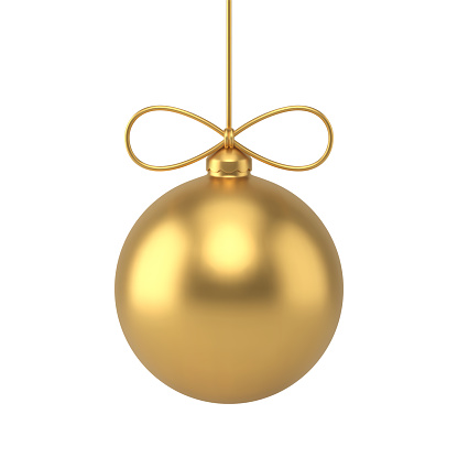 Gold Christmas tree decor sphere bauble hanged on rope with bow 3d realistic vector illustration. Luxury Xmas ball traditional winter decorative design for spruce indoor festive celebrating isolated