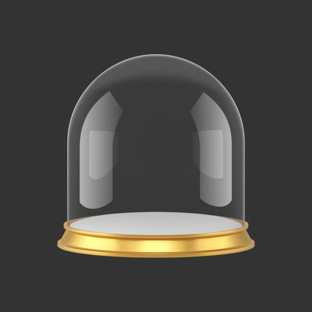 istock Realistic semicircular glass dome on golden tray safety storage and protection 3d template vector 1436047086
