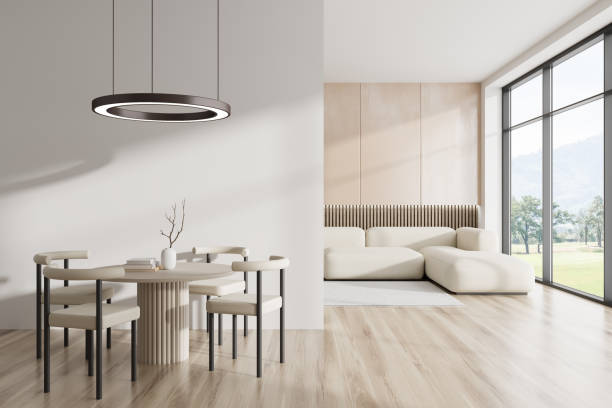 istock Stylish meeting room interior with eating table and couch, panoramic window 1436048160