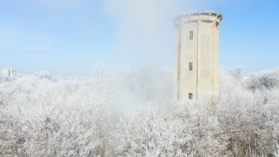 Clear winter sky, big tower and plants  covered in frost and snow - winter day landscape