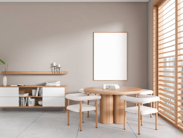 istock Stylish meeting room interior with table and chairs, window and mockup frame 1436049061