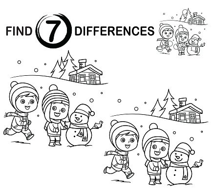 Black And White Find differences, Happy kids building snowman in winter.