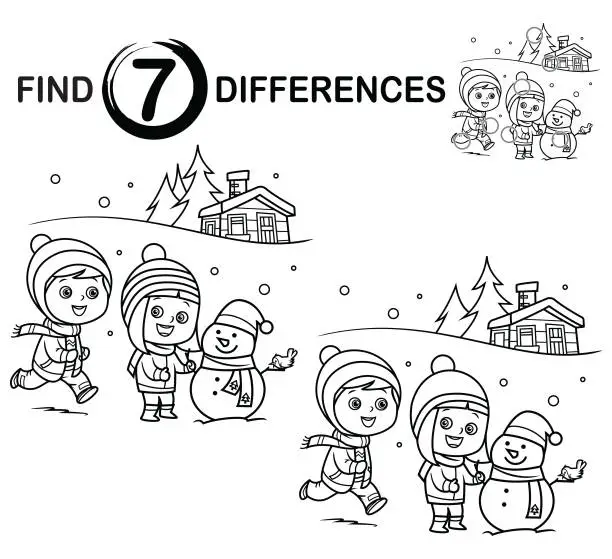 Vector illustration of Black And White Find differences, Happy kids building snowman in winter.