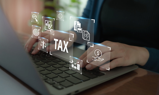 TAX online payment and technology concept. Taxation, taxes burden. State taxes, payment, governant ,calculating finance, tax accounting, statistics and data analytic reserach, calculation tax return.