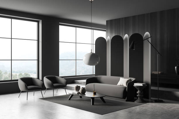 istock Grey living room interior with seats and coffee table, panoramic window 1436050650
