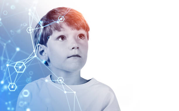 istock Kid boy and connection lines, blockchain and data storage. Copy space 1436050718
