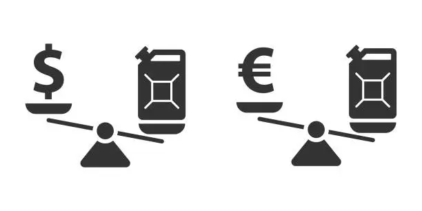 Vector illustration of Petrol canister  and money sign on scales icon. Fuel crisis concept. Flat vector illustration.