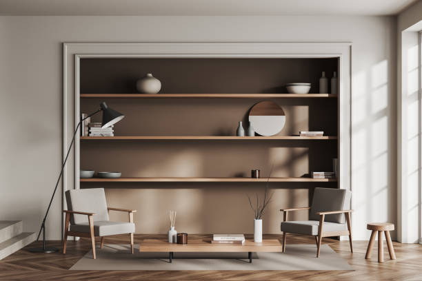 istock Light relax interior with chairs, shelf and coffee table with decoration 1436050805