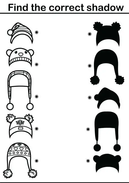 Vector illustration of Black And White, Educational game for children. Find the right shadow. Set of knitted hats