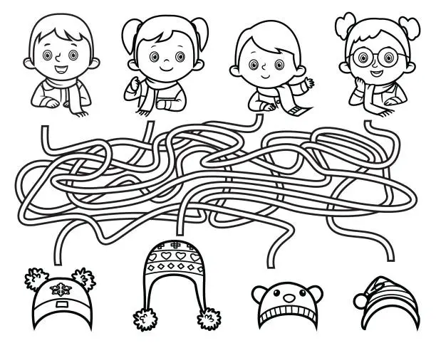 Vector illustration of Maze game little kids and hats