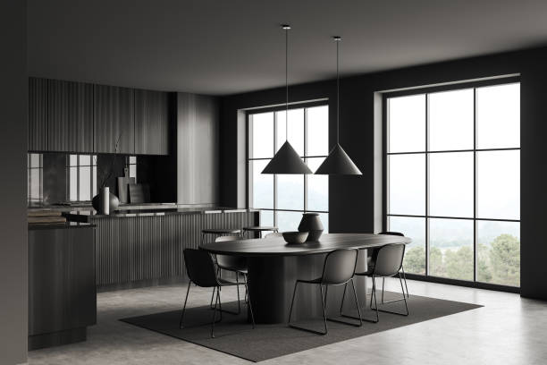 istock Grey kitchen interior with dining area and countertop, panoramic window 1436051194