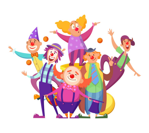 Group of clowns. funny colored entertainment circus workers. characters isolated. Funny clown illustration, colorful costume group