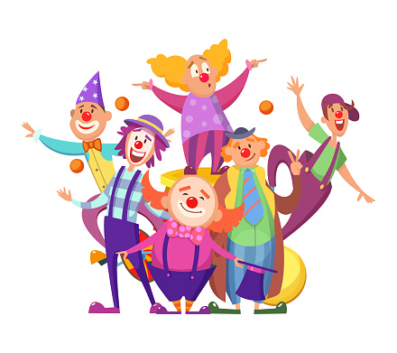 Group of clowns. funny colored entertainment circus workers. characters isolated. Funny clown illustration, colorful costume group