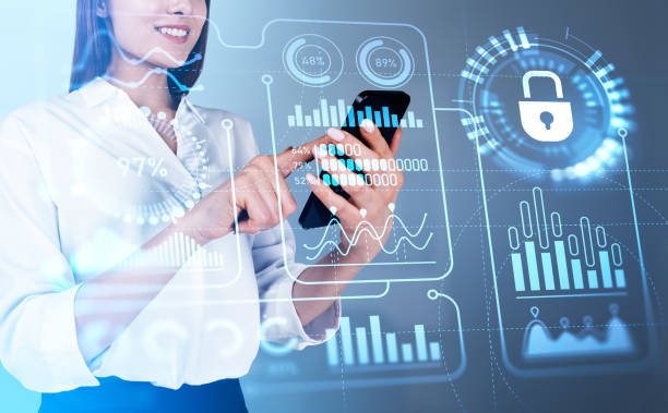 istock Businesswoman with smartphone, digital business chart with statistics 1436052653