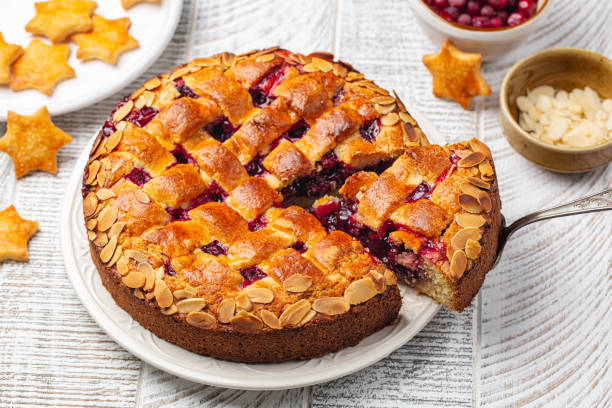 Linzer torte. Traditional Austrian cake with cranberries and almonds, lattice design on top. Homemade. stock photo