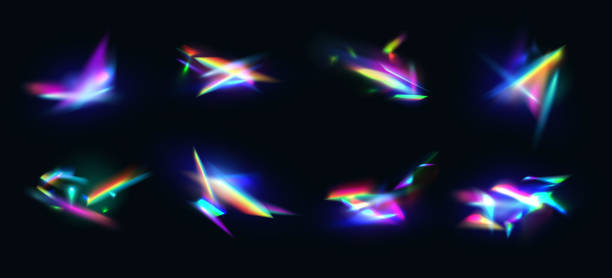 ilustrações de stock, clip art, desenhos animados e ícones de rainbow crystal light leak flare reflection effect. vector set of colorful optical rainbow lights beam lens flare leak overlay streaks. background with diamond lights - refração