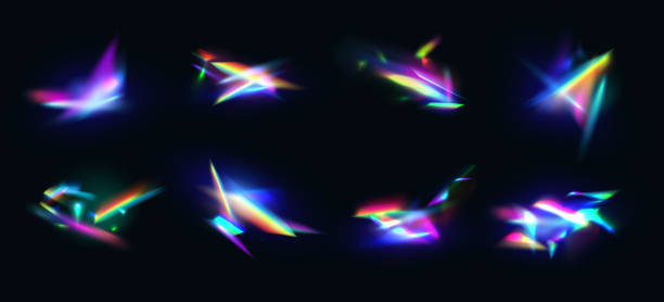 Rainbow crystal light leak flare reflection effect. Vector set of colorful optical rainbow lights beam lens flare leak overlay streaks. Background with diamond lights vector art illustration