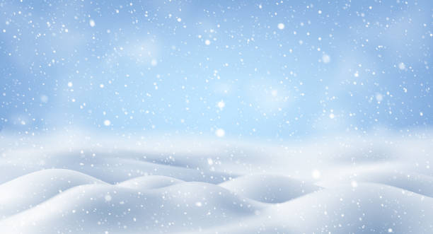 natürlicher winterweihnachtshintergrund mit himmel, starkem schneefall, vektor verschneite landschaft mit fallendem neujahr, das schönen schnee glänzt. schneeflocken in verschiedenen formen und formen, schneeverwehungen - winterlandschaft stock-grafiken, -clipart, -cartoons und -symbole