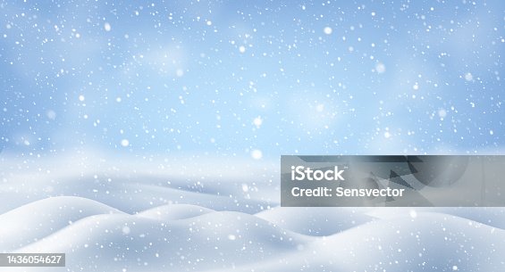 istock Natural winter Christmas background with sky, heavy snowfall, Vector snowy landscape with falling New Year shining beautiful snow. Snowflakes in different shapes and forms, snowdrifts 1436054627