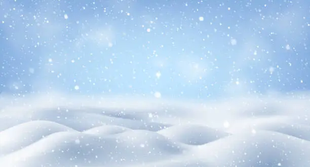 Vector illustration of Natural winter Christmas background with sky, heavy snowfall, Vector snowy landscape with falling New Year shining beautiful snow. Snowflakes in different shapes and forms, snowdrifts