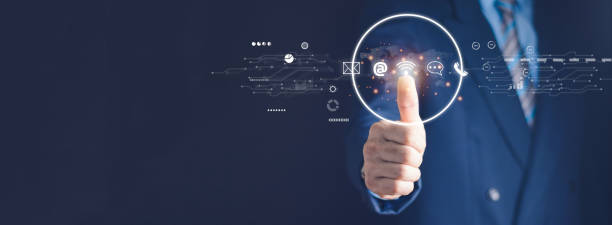 istock Contact us or Customer support hotline people connect. Businessman using a laptop and touching on virtual screen contact icons , email, address, live chat, internet wifi . 1436055546