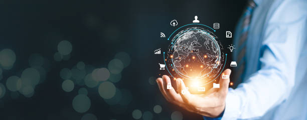 istock Hand holding virtual Global Internet connection metaverse. Business global internet connection application technology and digital marketing, Financial and banking, Digital link tech, big data. 1436055584