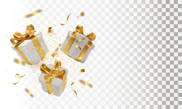 geschenk 3d-boxen mit goldenem band und schleife und konfetti , isoliert auf transparentem hintergrund. leerzeichen für ein feiertagsbanner oder eine postkarte. - geschenkkarton stock-grafiken, -clipart, -cartoons und -symbole