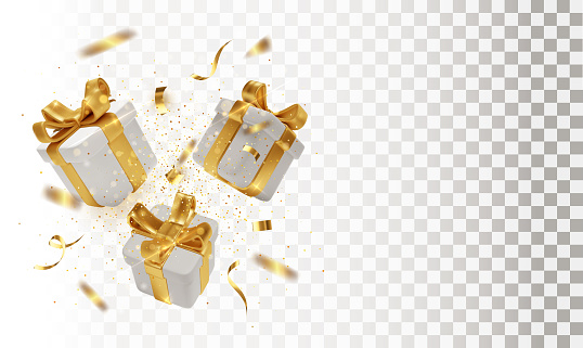 Gift 3d boxes with golden ribbon and bow and confetti , isolated on transparent background. Blank for a holiday banner or postcard