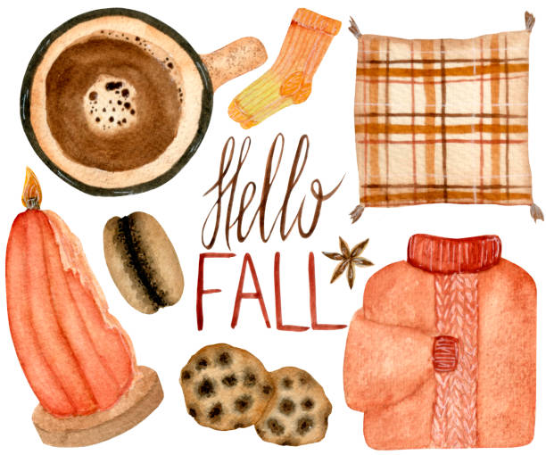 Collection of watercolor autumn elements. Sweater, coffee cup, candle, food, pillow, simple lettering isolated on white background. For various seasonal products, cards, poster etc. knitted pumpkin stock illustrations