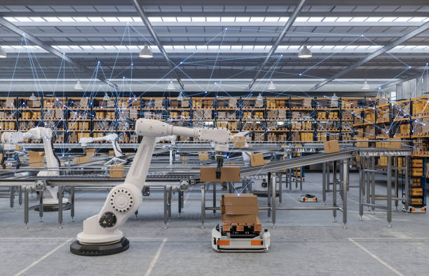 distribution warehouse with plexus, automated guided vehicles and robots working on conveyor belt - data processing stockfoto's en -beelden