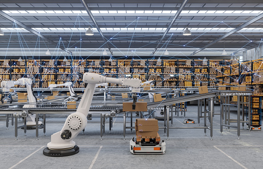 Distribution Warehouse With Plexus, Automated Guided Vehicles And Robots Working On Conveyor Belt