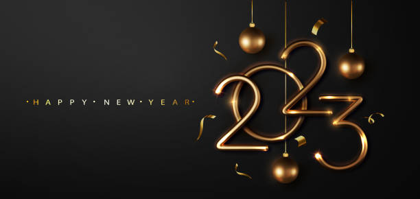 istock Happy 2023 New Year. Christmas congratulation with 3D realistic gold metal text. 1436056601