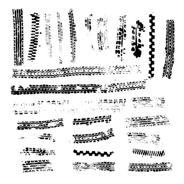 Traces from the tire tread of a car, motorcycle or bicycle. Motocross, rally, track, traces of grungy wheels. Vector texture. Vector tire skid marks stock illustrations