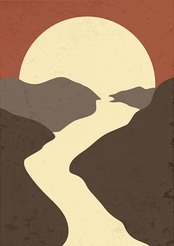 Terracota boho mountain landscape poster illustration. Modern boho background with sun and mountains, minimalist wall decor. Vector a4 art print