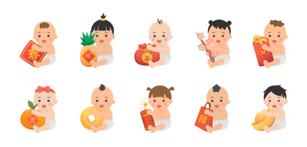 Set of happy and cute babies or toddlers with elements of Chinese new year, red paper bag with gold coins and gold ingots, Chinese translation: money and spring Set of happy and cute babies or toddlers with elements of Chinese new year, red paper bag with gold coins and gold ingots, Chinese translation: money and spring new years baby stock illustrations