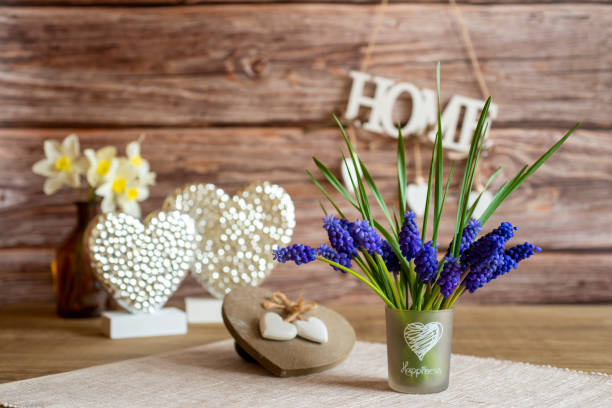 Grape Hyacinth Bouquet with Spring Flowers, Buddha and Deco
