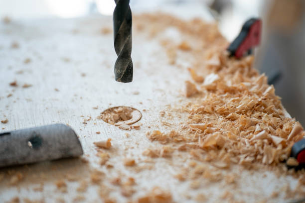 istock Wood working. Sawdust and drill. 1436058178