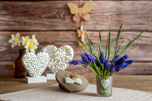 Grape Hyacinth Bouquet with Spring Flowers, Buddha and Deco